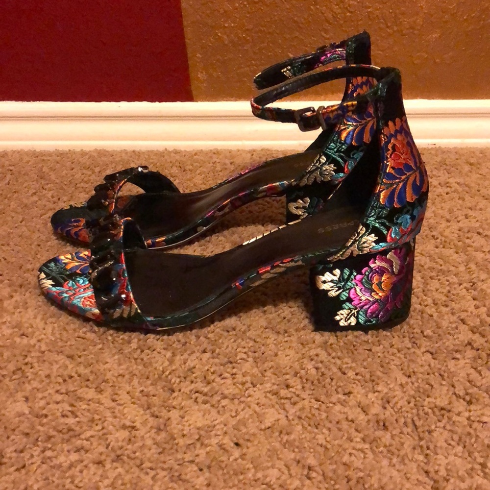 Black colorful floral jeweled block heel sandal